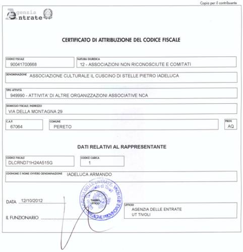 Certificato di attribuzione del codice fiscale dell'associazione Il Cuscino di Stelle